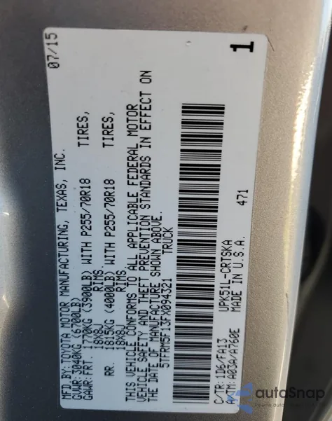 2015 Toyota Tundra Double Cab Sr из США, поврежденный, VIN 5TFRM5F13FX094321